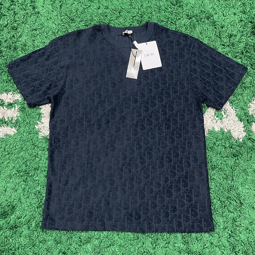 Men Dior Oblique Relaxed Fit Tee T Shirt Terry Cotton Jacquard Blue Large B12